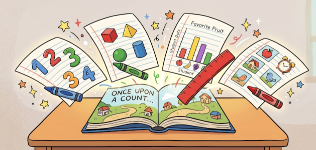 image of book with math stories coming out of it